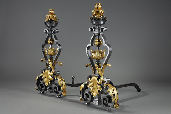 VERY LARGE PAIR OF WROUGHT IRON MANTELPIECES WITH FOLIAGE, MASK AND SCROLL MOTIFS