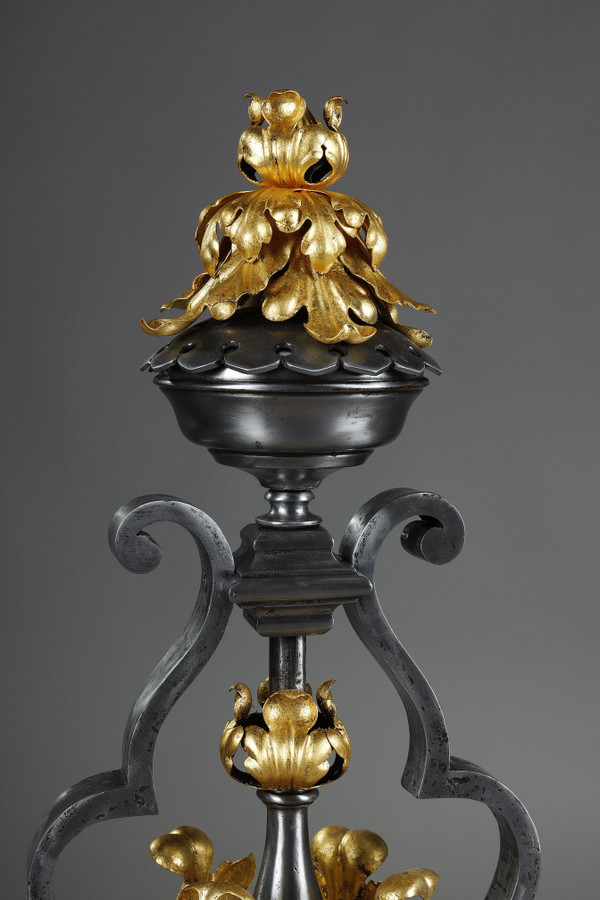 VERY LARGE PAIR OF WROUGHT IRON MANTELPIECES WITH FOLIAGE, MASK AND SCROLL MOTIFS