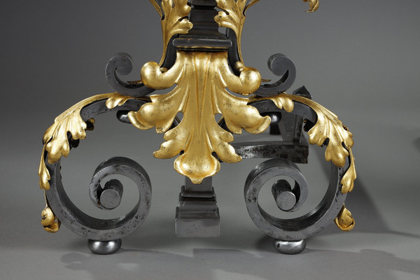 VERY LARGE PAIR OF WROUGHT IRON MANTELPIECES WITH FOLIAGE, MASK AND SCROLL MOTIFS