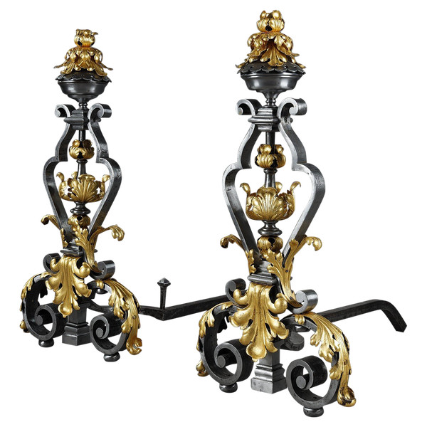 VERY LARGE PAIR OF WROUGHT IRON MANTELPIECES WITH FOLIAGE, MASK AND SCROLL MOTIFS