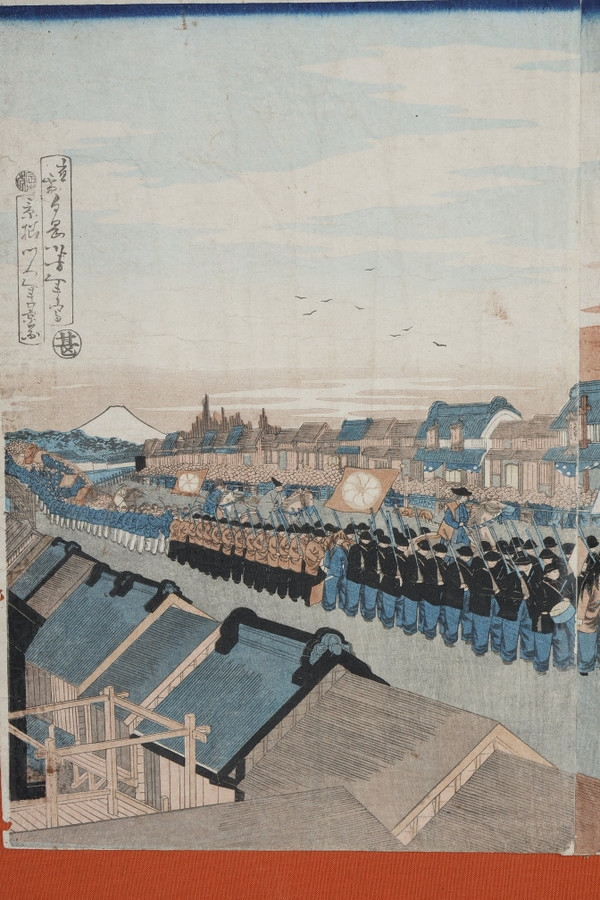Polyptyque de 9 estampes oban tate-e, illustrant le cortège de l'empereur Mutsuhito (Meiji)