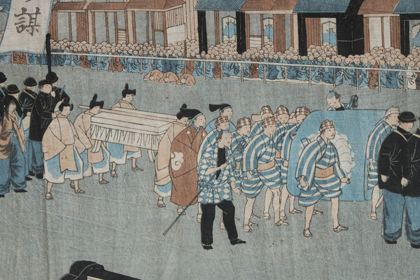 Polyptyque de 9 estampes oban tate-e, illustrant le cortège de l'empereur Mutsuhito (Meiji)