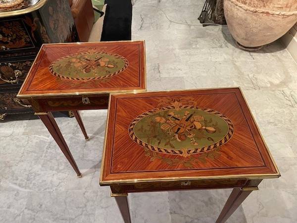 2 Small tables in marquetry of noble woods stamped J.P Dusautoy