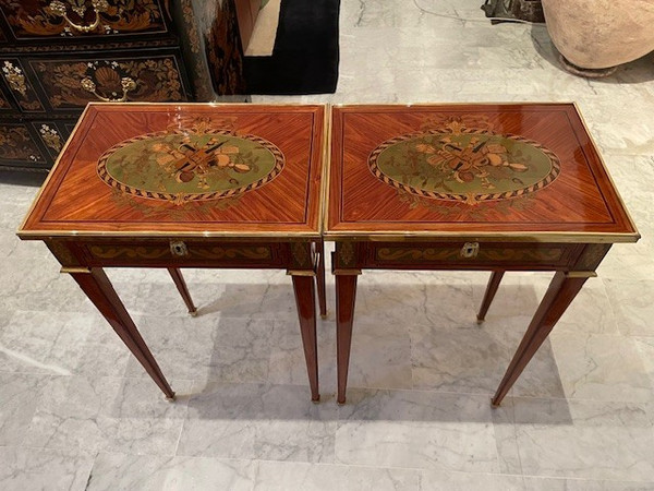 2 Small tables in marquetry of noble woods stamped J.P Dusautoy