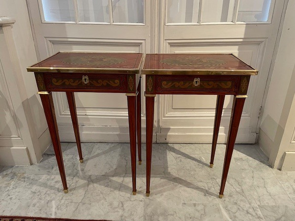 2 Small tables in marquetry of noble woods stamped J.P Dusautoy