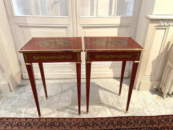 2 Small tables in marquetry of noble woods stamped J.P Dusautoy