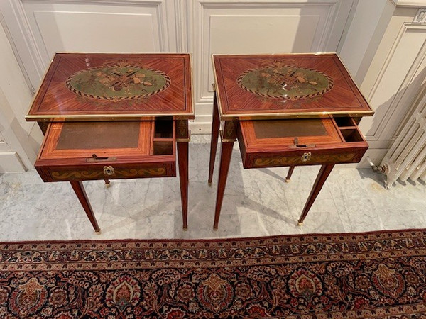 2 Small tables in marquetry of noble woods stamped J.P Dusautoy