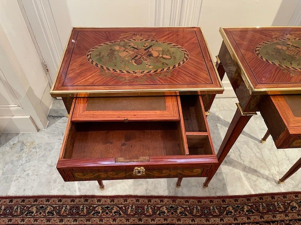 2 Small tables in marquetry of noble woods stamped J.P Dusautoy