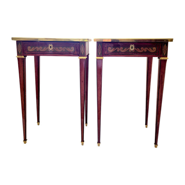 2 Small tables in marquetry of noble woods stamped J.P Dusautoy