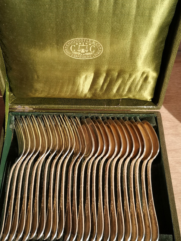 12 silver-plated entremets/dessert place settings, Rubans pattern, antique Christofle silverware