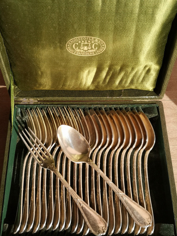 12 silver-plated entremets/dessert place settings, Rubans pattern, antique Christofle silverware