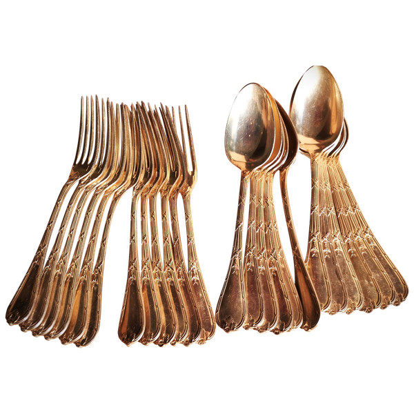 12 silver-plated entremets/dessert place settings, Rubans pattern, antique Christofle silverware