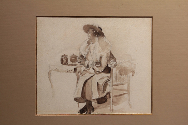 Disegno a china "Donna seduta che beve il tè", 1900 ca.