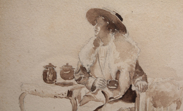 Disegno a china "Donna seduta che beve il tè", 1900 ca.