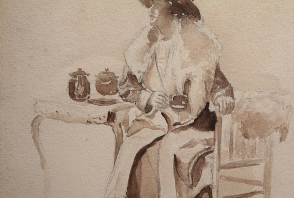 Disegno a china "Donna seduta che beve il tè", 1900 ca.
