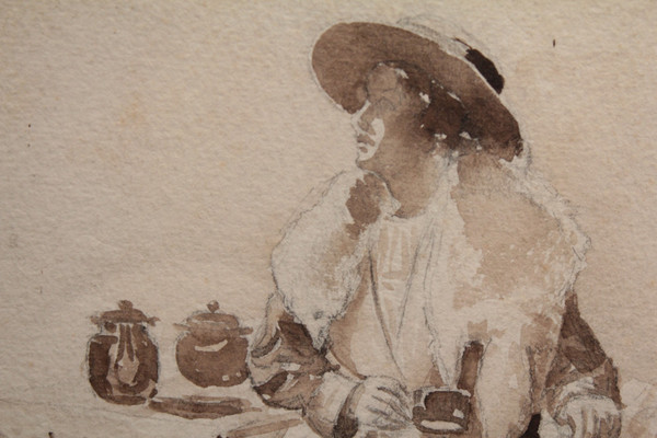Disegno a china "Donna seduta che beve il tè", 1900 ca.