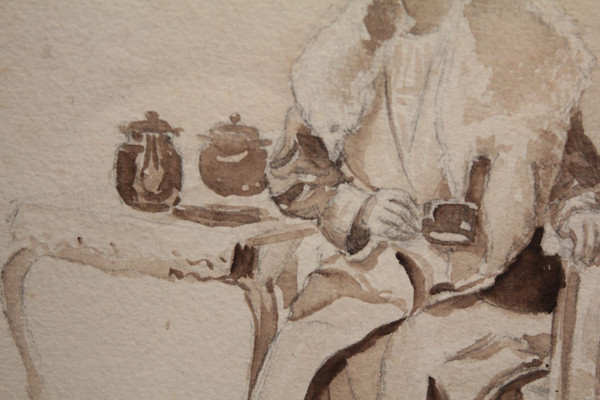 Disegno a china "Donna seduta che beve il tè", 1900 ca.