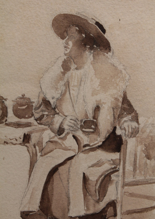 Disegno a china "Donna seduta che beve il tè", 1900 ca.