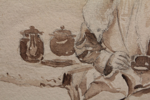 Disegno a china "Donna seduta che beve il tè", 1900 ca.