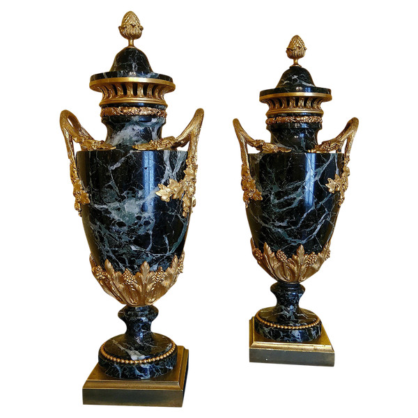 Pair of Vases in Sea-Green Marble and Chased and Gilded Bronzes Louis XVI style late 19th century