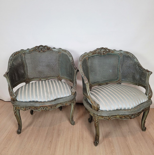 Salon 3 Pièces En Bois Laqué Et Cannage, Circa 1900