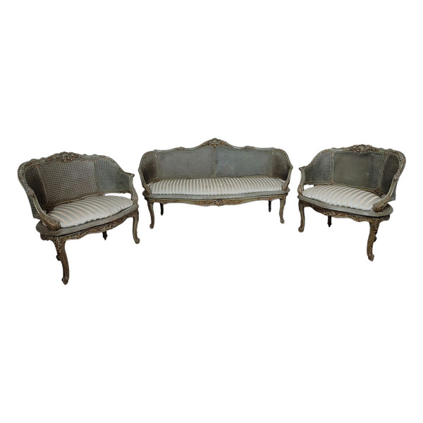 Salon 3 Pièces En Bois Laqué Et Cannage, Circa 1900