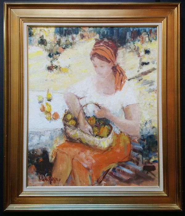 Alain ROUSSEAU (b.1926), Signed French original oil/canvas - Woman, Fruit, Garden, Provence
