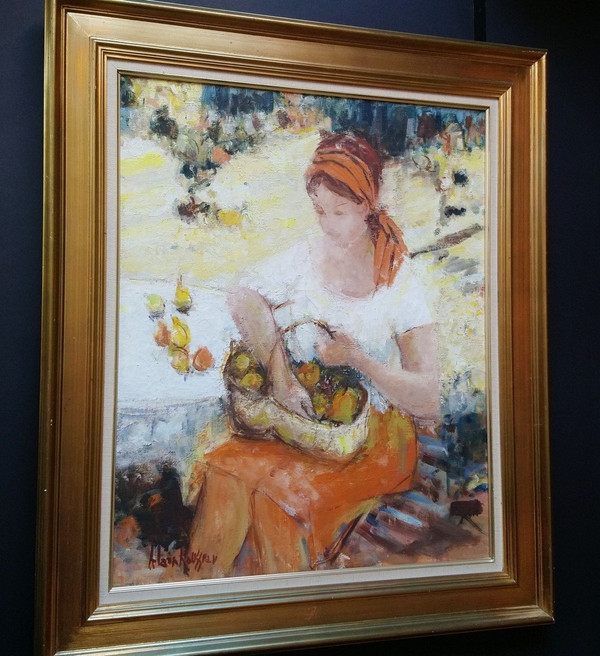 Alain ROUSSEAU (b.1926), Signed French original oil/canvas - Woman, Fruit, Garden, Provence