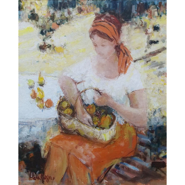Alain ROUSSEAU (b.1926), Signed French original oil/canvas - Woman, Fruit, Garden, Provence