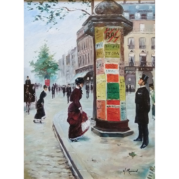 H. RENAUD (1921-1990), Huile/toile d'origine, signée - Tableau, Paris, Boulevard, Personnage