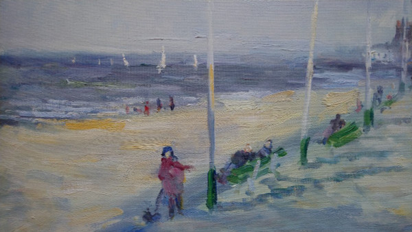 Marcel LAQUAY (1925-2014), Grande Huile/toile d'origine, signée - Trouville, Mer, Plage, Bateau
