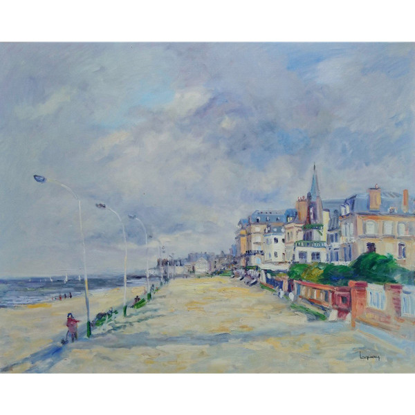 Marcel LAQUAY (1925-2014), Grande Huile/toile d'origine, signée - Trouville, Mer, Plage, Bateau