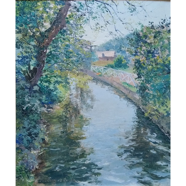 Jacques DENIER (1894-1983), Signed French original oil/canvas - Landscape, River, House, Countryside
