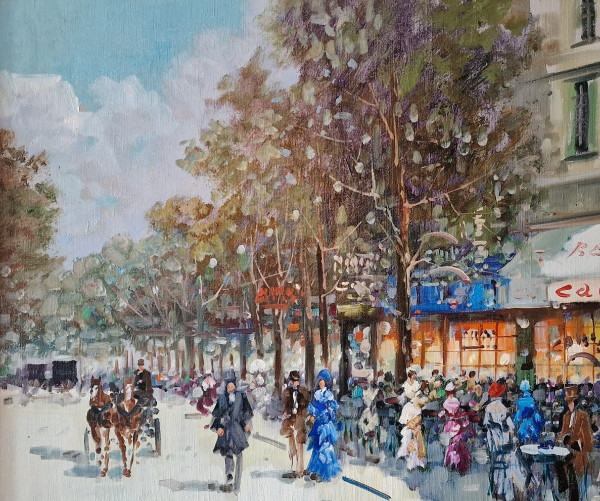 Dominique TORTÈS (1938-2012) Signed French original oil/canvas - Figure, Paris, Boulevard, 1900