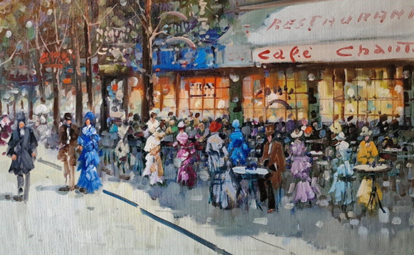 Dominique TORTÈS (1938-2012) Signed French original oil/canvas - Figure, Paris, Boulevard, 1900