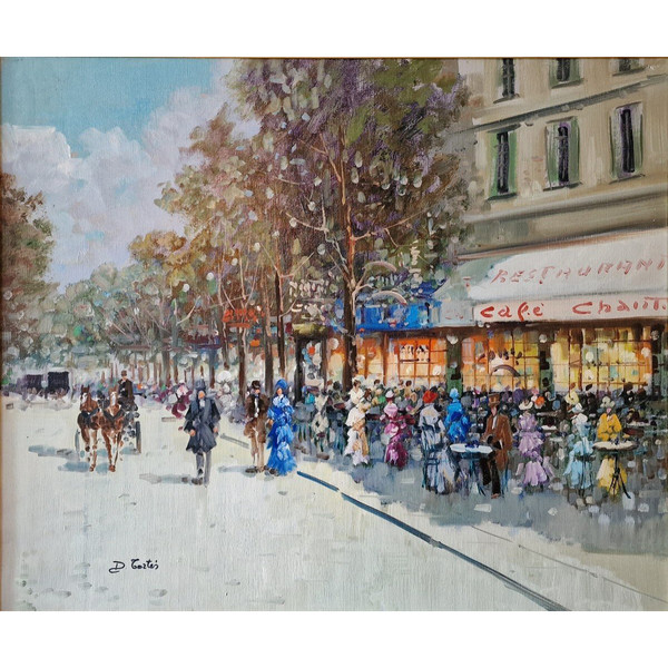 Dominique TORTÈS (1938-2012) Signed French original oil/canvas - Figure, Paris, Boulevard, 1900