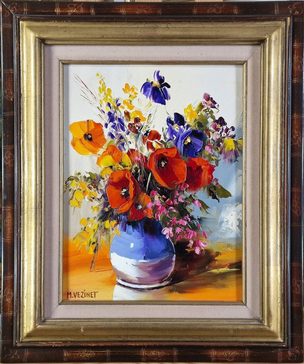 Michel VÉZINET (né en 1957), Huile/toile d'origine, signée - Fleur, Bouquet, Nature Morte, Vase