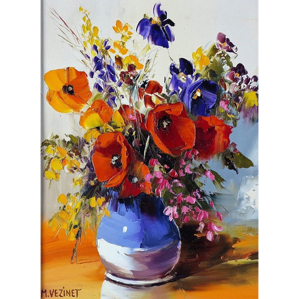 Michel VÉZINET (né en 1957), Huile/toile d'origine, signée - Fleur, Bouquet, Nature Morte, Vase