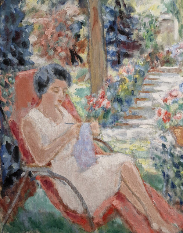 Paul LOISEAU (1893-1970), Olio originale su tela, firmato - Donna, giardino, casa, fiore, estate