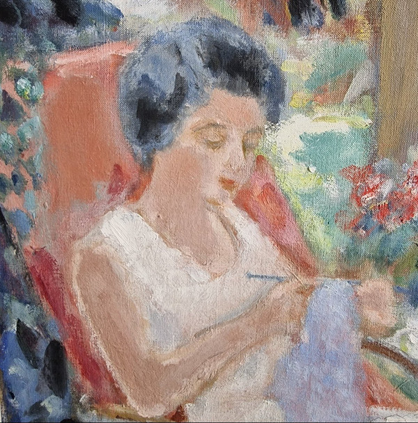 Paul LOISEAU (1893-1970), Olio originale su tela, firmato - Donna, giardino, casa, fiore, estate