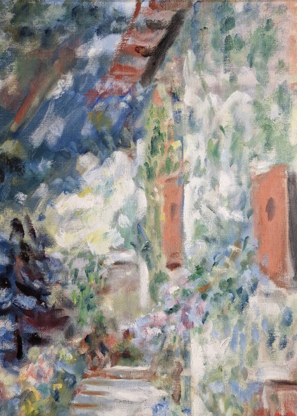 Paul LOISEAU (1893-1970), Olio originale su tela, firmato - Donna, giardino, casa, fiore, estate