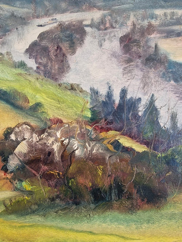 Jean SIEURIN (1931-2024), Original Öl/Leinwand, signiert – Landschaft, Normandie, Seine, Boot