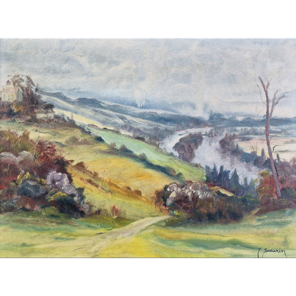 Jean SIEURIN (1931-2024), Original Öl/Leinwand, signiert – Landschaft, Normandie, Seine, Boot
