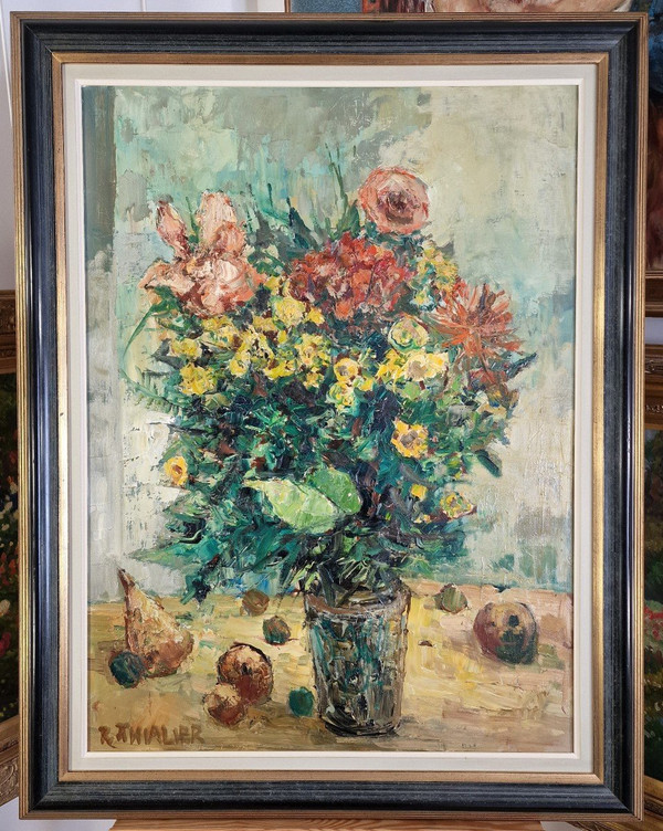 Raymond THIALIER (1913-2005) Original Öl/Leinwand, signiert – Stillleben, Blume, Obst, Vase