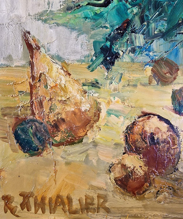 Raymond THIALIER (1913-2005) Original Öl/Leinwand, signiert – Stillleben, Blume, Obst, Vase
