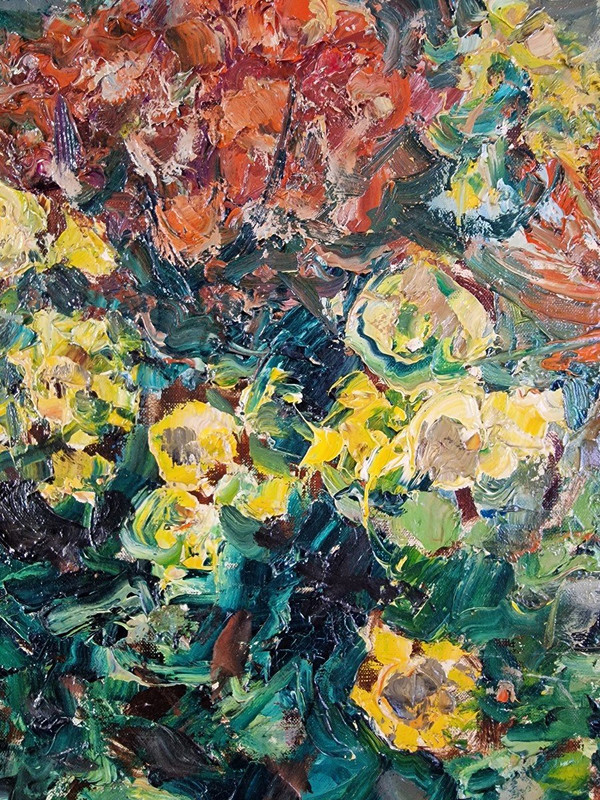Raymond THIALIER (1913-2005) Original Öl/Leinwand, signiert – Stillleben, Blume, Obst, Vase