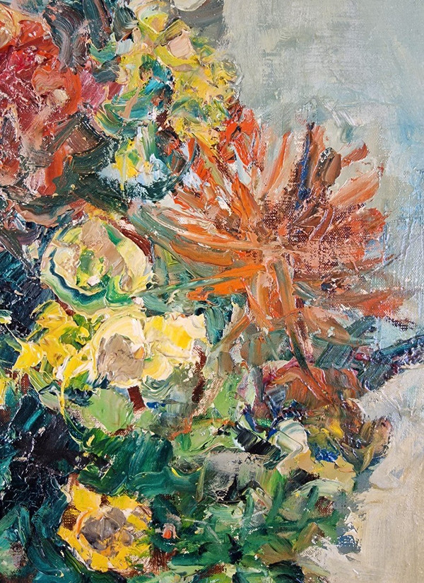 Raymond THIALIER (1913-2005) Original Öl/Leinwand, signiert – Stillleben, Blume, Obst, Vase