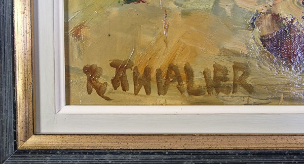 Raymond THIALIER (1913-2005) Original Öl/Leinwand, signiert – Stillleben, Blume, Obst, Vase