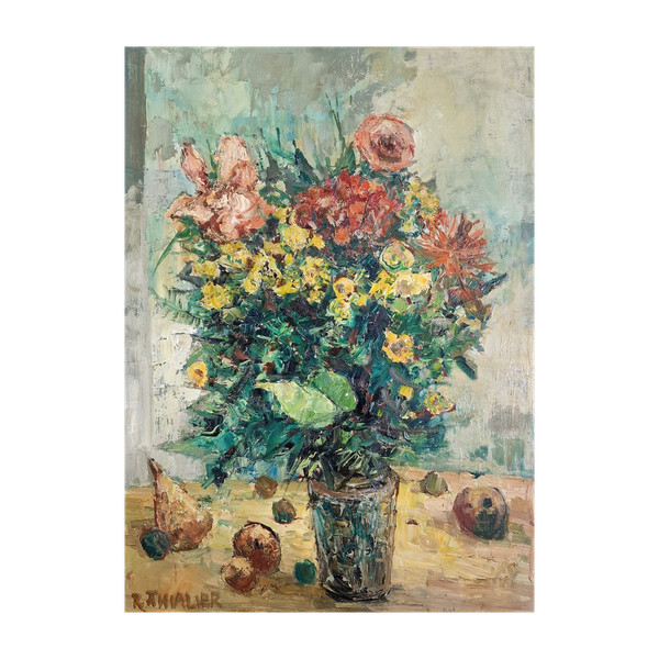 Raymond THIALIER (1913-2005) Original Öl/Leinwand, signiert – Stillleben, Blume, Obst, Vase