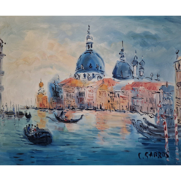 Catherine GARROS (née en 1954) Huile/toile d'origine, signée - Venise, Italie, Mer, Gondole